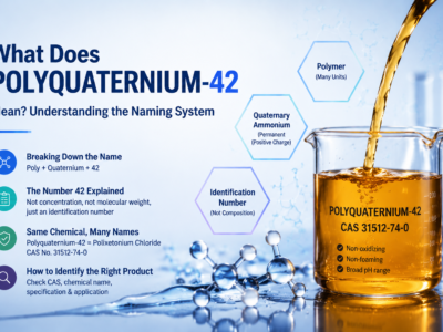 Polyquaternium-42 naming system infographic showing an amber transparent viscous liquid sample in a laboratory beaker labeled “Polyquaternium-42” and “CAS 31512-74-0,” with explanations of polymer structure, quaternary ammonium characteristics, identification number meaning, and the relationship between Polyquaternium-42 and Polixetonium Chloride