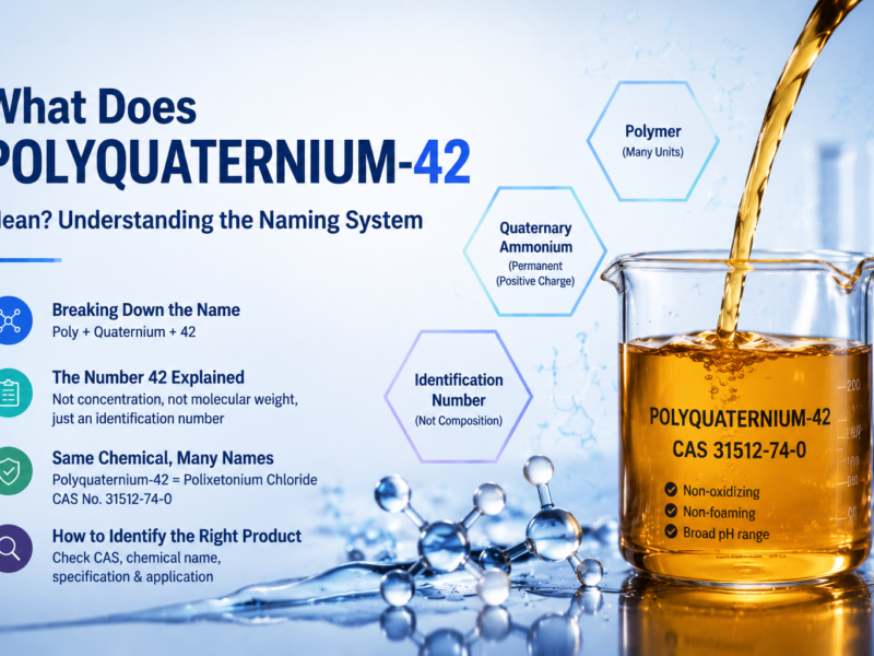 Polyquaternium-42 naming system infographic showing an amber transparent viscous liquid sample in a laboratory beaker labeled “Polyquaternium-42” and “CAS 31512-74-0,” with explanations of polymer structure, quaternary ammonium characteristics, identification number meaning, and the relationship between Polyquaternium-42 and Polixetonium Chloride