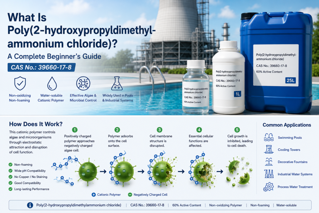 Infographic showing how Poly(2-hydroxypropyldimethylammonium chloride attaches to negatively charged algae and microbial cells through electrostatic attraction, helping control biological growth while remaining non-foaming and water-soluble