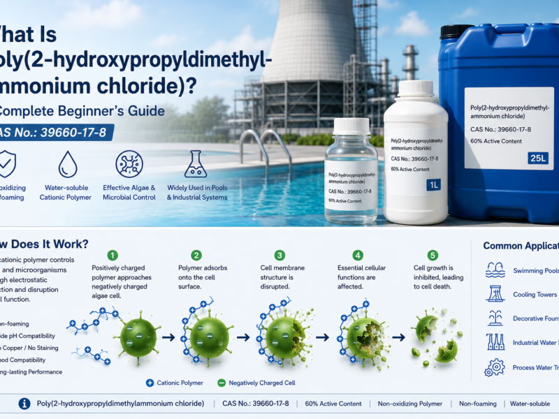 Infographic showing how Poly(2-hydroxypropyldimethylammonium chloride attaches to negatively charged algae and microbial cells through electrostatic attraction, helping control biological growth while remaining non-foaming and water-soluble