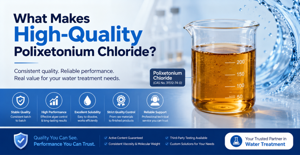 High-quality Polixetonium Chloride (CAS No. 31512-74-0) displayed as an amber transparent viscous liquid in a laboratory beaker, alongside quality control icons highlighting consistent active content, stable molecular weight, reliable performance, strict quality assurance, and professional technical support for industrial water treatment and pool applications