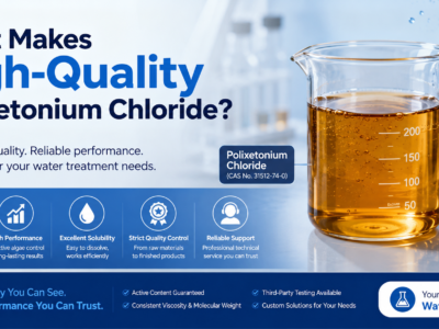 High-quality Polixetonium Chloride (CAS No. 31512-74-0) displayed as an amber transparent viscous liquid in a laboratory beaker, alongside quality control icons highlighting consistent active content, stable molecular weight, reliable performance, strict quality assurance, and professional technical support for industrial water treatment and pool applications