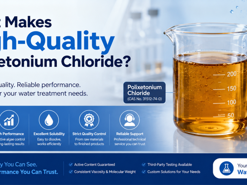 High-quality Polixetonium Chloride (CAS No. 31512-74-0) displayed as an amber transparent viscous liquid in a laboratory beaker, alongside quality control icons highlighting consistent active content, stable molecular weight, reliable performance, strict quality assurance, and professional technical support for industrial water treatment and pool applications