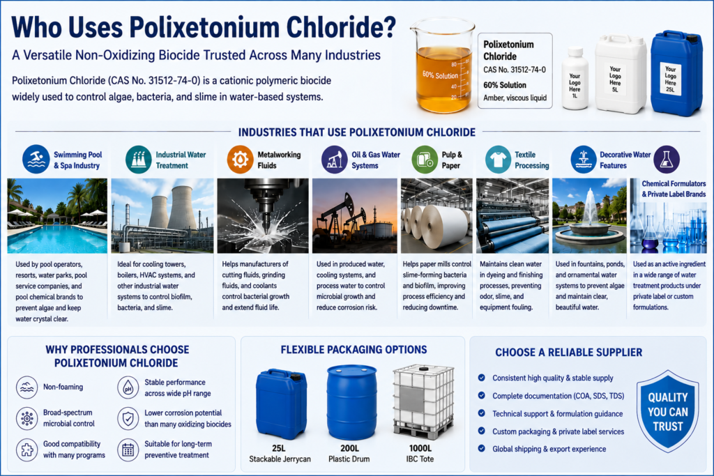 Professional infographic illustrating the major industries using Polixetonium Chloride, a non-oxidizing polymeric biocide for algae, bacteria, and slime control, featuring key benefits, supplier selection criteria, and packaging including 1L bottle, 5L jerrycan, 25L stackable jerrycan, and 1000L IBC tote.
