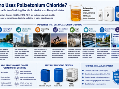 Professional infographic illustrating the major industries using Polixetonium Chloride, a non-oxidizing polymeric biocide for algae, bacteria, and slime control, featuring key benefits, supplier selection criteria, and packaging including 1L bottle, 5L jerrycan, 25L stackable jerrycan, and 1000L IBC tote.