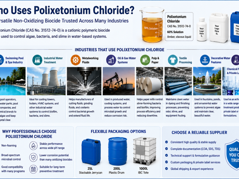 Professional infographic illustrating the major industries using Polixetonium Chloride, a non-oxidizing polymeric biocide for algae, bacteria, and slime control, featuring key benefits, supplier selection criteria, and packaging including 1L bottle, 5L jerrycan, 25L stackable jerrycan, and 1000L IBC tote.
