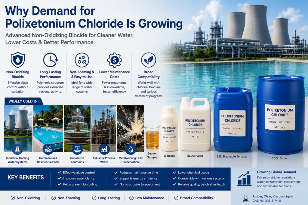 Infographic showing why demand for Polixetonium Chloride is growing, featuring amber clear viscous liquid samples, multiple packaging options, and applications in cooling water treatment, swimming pools, decorative fountains, industrial process water, and metalworking fluid preservation.