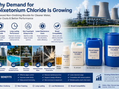 Infographic showing why demand for Polixetonium Chloride is growing, featuring amber clear viscous liquid samples, multiple packaging options, and applications in cooling water treatment, swimming pools, decorative fountains, industrial process water, and metalworking fluid preservation.