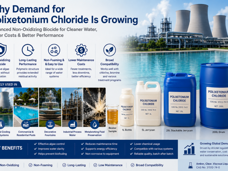 Infographic showing why demand for Polixetonium Chloride is growing, featuring amber clear viscous liquid samples, multiple packaging options, and applications in cooling water treatment, swimming pools, decorative fountains, industrial process water, and metalworking fluid preservation.