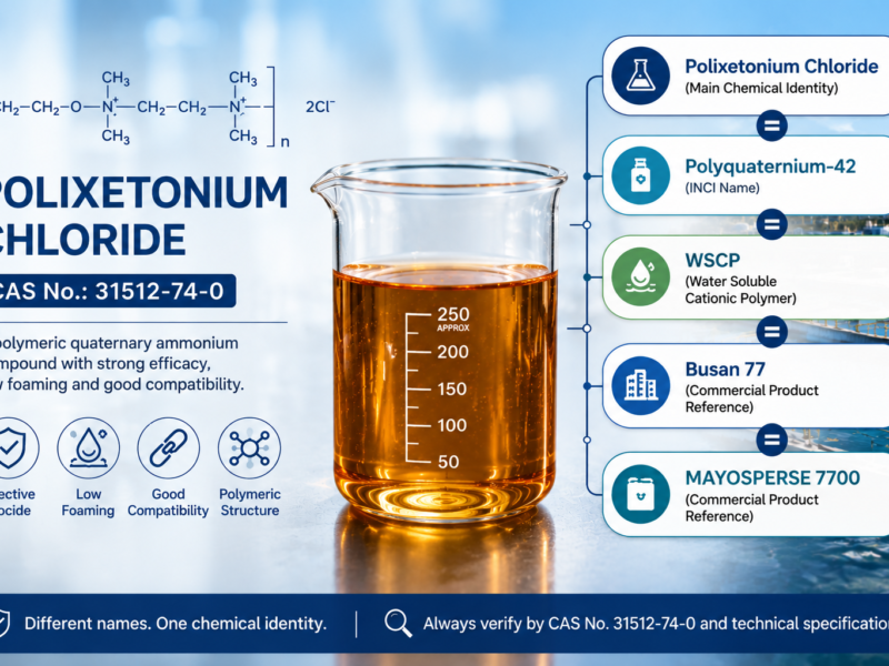 Polixetonium Chloride CAS 31512-74-0 amber transparent viscous liquid with chemical structure and related names Polyquaternium-42, WSCP, Busan 77, and MAYOSPERSE 7700