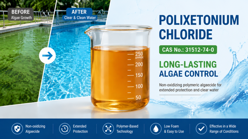 Polixetonium Chloride CAS No. 31512-74-0 long-lasting algae control with amber transparent liquid solution in a graduated beaker for pool and industrial water treatment applications.