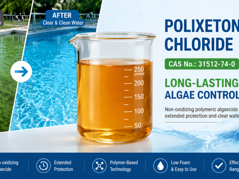Polixetonium Chloride CAS No. 31512-74-0 long-lasting algae control with amber transparent liquid solution in a graduated beaker for pool and industrial water treatment applications.