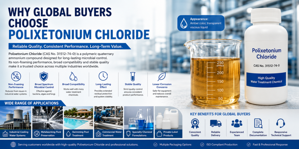 Why Global Buyers Choose Polixetonium Chloride blog banner featuring a beaker filled with amber-colored transparent viscous Polixetonium Chloride (CAS No. 31512-74-0) beside a white sample bottle, highlighting its non-foaming performance, broad compatibility, stable quality, and global applications in industrial water treatment, metalworking fluid preservation, and swimming pool algaecides.