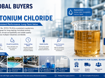 Why Global Buyers Choose Polixetonium Chloride blog banner featuring a beaker filled with amber-colored transparent viscous Polixetonium Chloride (CAS No. 31512-74-0) beside a white sample bottle, highlighting its non-foaming performance, broad compatibility, stable quality, and global applications in industrial water treatment, metalworking fluid preservation, and swimming pool algaecides.