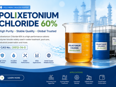 Polixetonium Chloride 60% solution hero banner showing an amber transparent polymer biocide liquid in a laboratory beaker, blue chemical drum, and IBC tote with industrial water treatment background. The banner highlights CAS No. 31512-74-0, high active content, stable performance, global supply, and applications in swimming pool algaecides, cooling water treatment, industrial biocides, oilfield water treatment, and pulp and paper preservation.