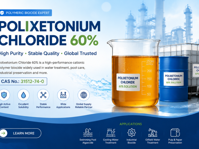 Polixetonium Chloride 60% solution hero banner showing an amber transparent polymer biocide liquid in a laboratory beaker, blue chemical drum, and IBC tote with industrial water treatment background. The banner highlights CAS No. 31512-74-0, high active content, stable performance, global supply, and applications in swimming pool algaecides, cooling water treatment, industrial biocides, oilfield water treatment, and pulp and paper preservation.