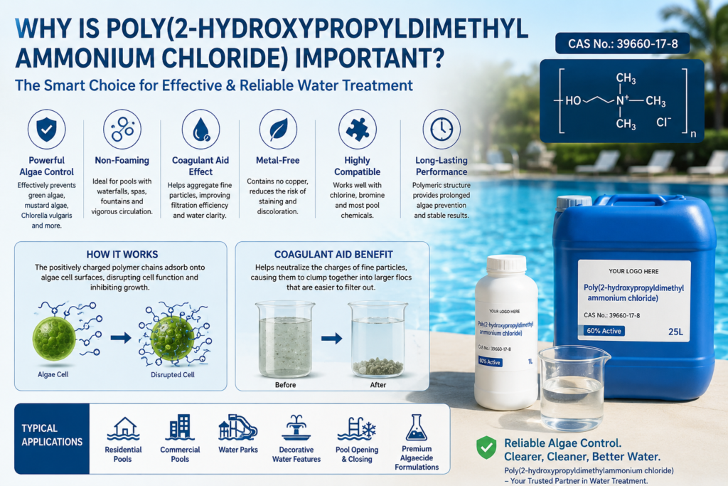 Educational infographic showing the key benefits and working mechanism of Poly(2-hydroxypropyldimethylammonium chloride), including algae cell disruption, improved water clarity through coagulant aid action, typical pool applications, and product packaging beside a clear swimming pool.