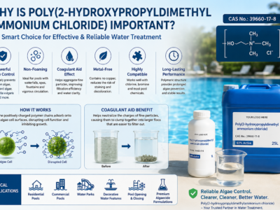 Educational infographic showing the key benefits and working mechanism of Poly(2-hydroxypropyldimethylammonium chloride), including algae cell disruption, improved water clarity through coagulant aid action, typical pool applications, and product packaging beside a clear swimming pool.