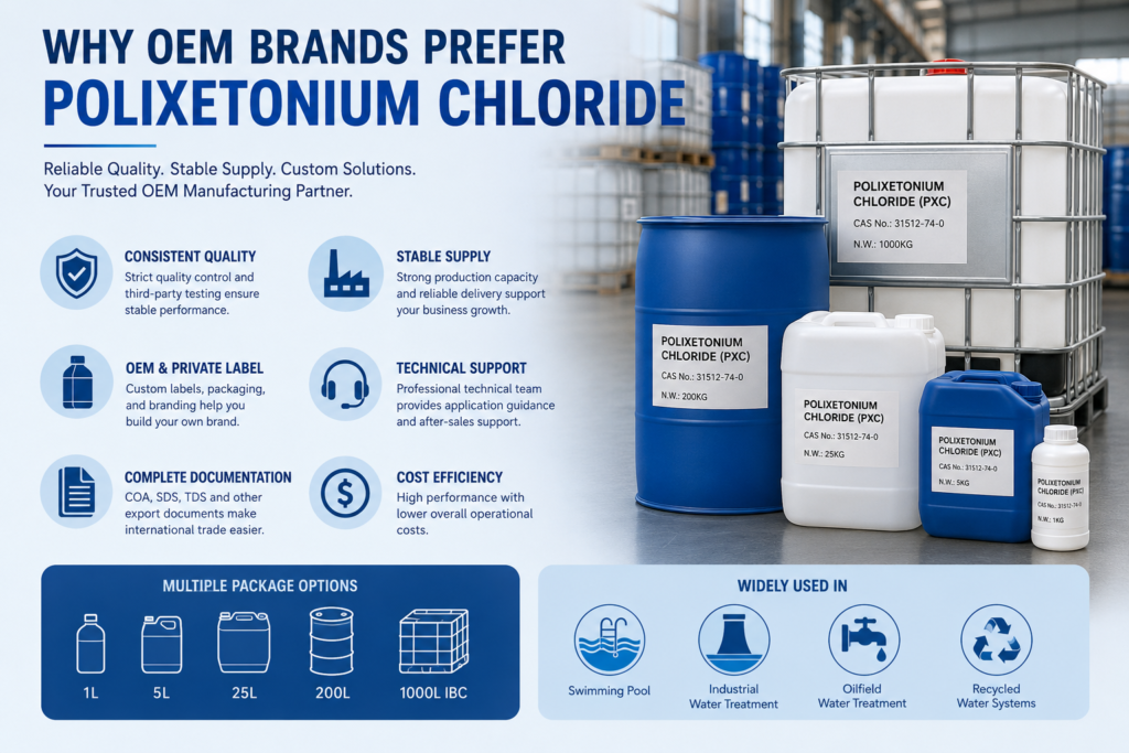 Professional blog banner illustrating OEM manufacturing services for Polixetonium Chloride (CAS No. 31512-74-0), featuring an amber transparent viscous liquid in a laboratory beaker alongside OEM packaging options including 1L bottle, 5L jerrycan, 25L jerrycan, 200L drum, and 1000L IBC tote. The modern industrial design highlights consistent quality, private labeling, stable supply, technical support, and customized packaging for global water treatment and pool chemical brands
