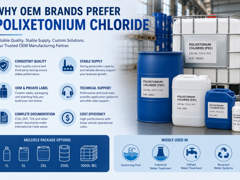 Professional blog banner illustrating OEM manufacturing services for Polixetonium Chloride (CAS No. 31512-74-0), featuring an amber transparent viscous liquid in a laboratory beaker alongside OEM packaging options including 1L bottle, 5L jerrycan, 25L jerrycan, 200L drum, and 1000L IBC tote. The modern industrial design highlights consistent quality, private labeling, stable supply, technical support, and customized packaging for global water treatment and pool chemical brands