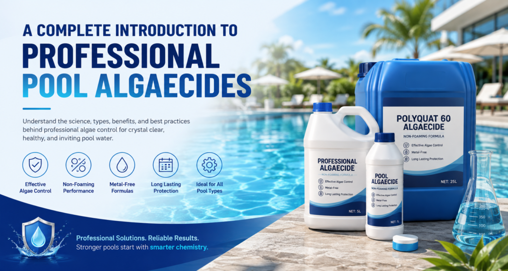 Professional pool algaecides including Polyquat 60 in 1L, 5L and 25L packaging beside a clear swimming pool, highlighting non-foaming, metal-free and long-lasting algae control.
