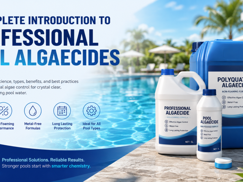 Professional pool algaecides including Polyquat 60 in 1L, 5L and 25L packaging beside a clear swimming pool, highlighting non-foaming, metal-free and long-lasting algae control.