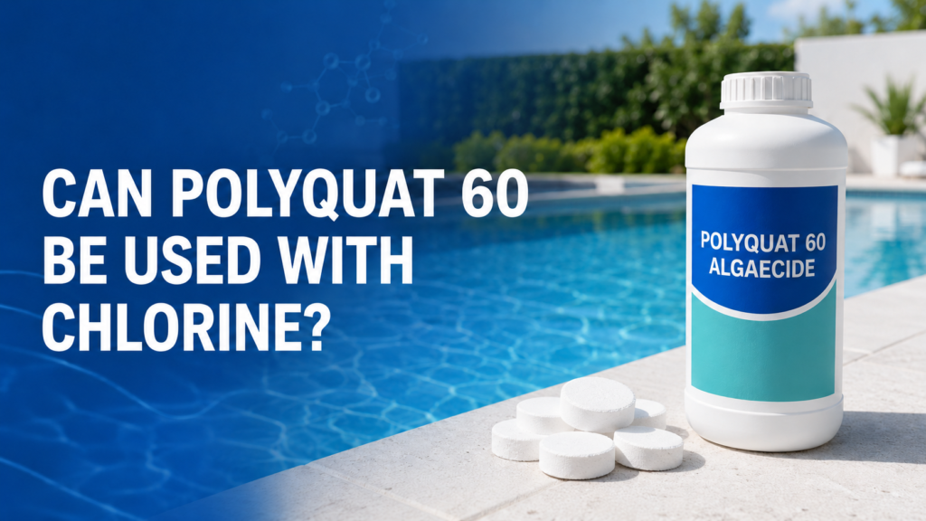 Polyquat 60 algaecide bottle and a separate chlorine tablet beside a clear blue swimming pool, illustrating their compatible but separate use in pool maintenance.