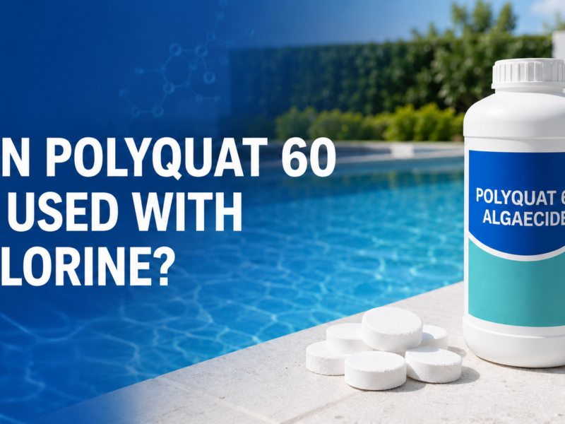 Polyquat 60 algaecide bottle and a separate chlorine tablet beside a clear blue swimming pool, illustrating their compatible but separate use in pool maintenance.