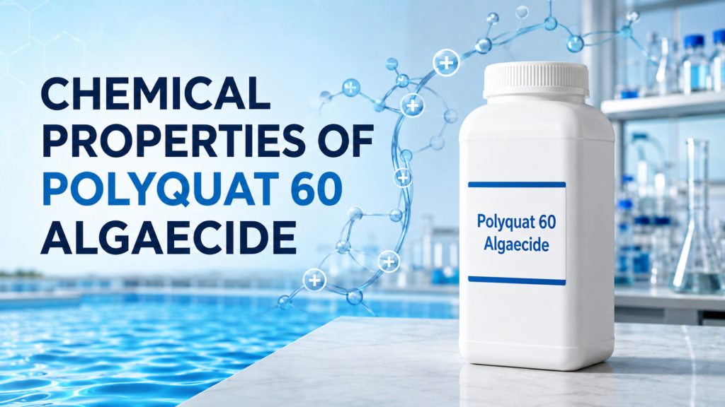Chemical properties of Polyquat 60 algaecide shown with a white capped bottle labeled “Polyquat 60 Algaecide,” a clear blue swimming pool, and a laboratory-inspired molecular background.