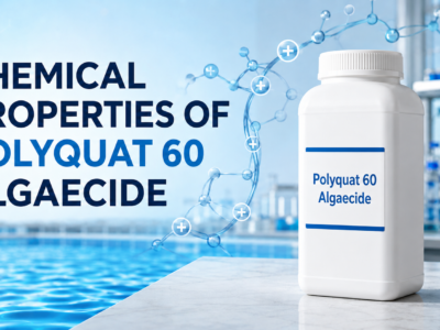 Chemical properties of Polyquat 60 algaecide shown with a white capped bottle labeled “Polyquat 60 Algaecide,” a clear blue swimming pool, and a laboratory-inspired molecular background.