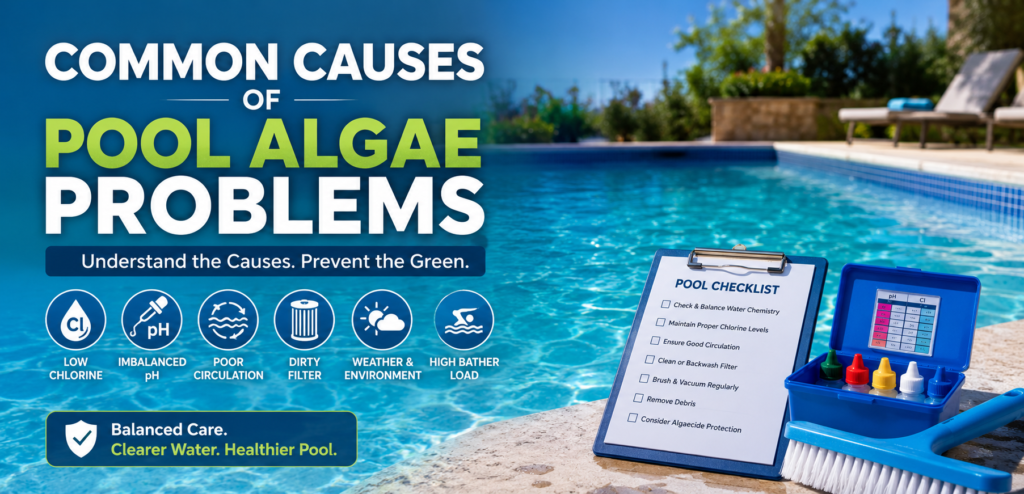 Common causes of pool algae problems, including low chlorine, imbalanced pH, poor circulation, dirty filters, weather conditions, and high bather load.