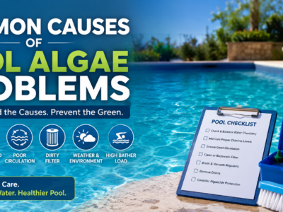 Common causes of pool algae problems, including low chlorine, imbalanced pH, poor circulation, dirty filters, weather conditions, and high bather load.