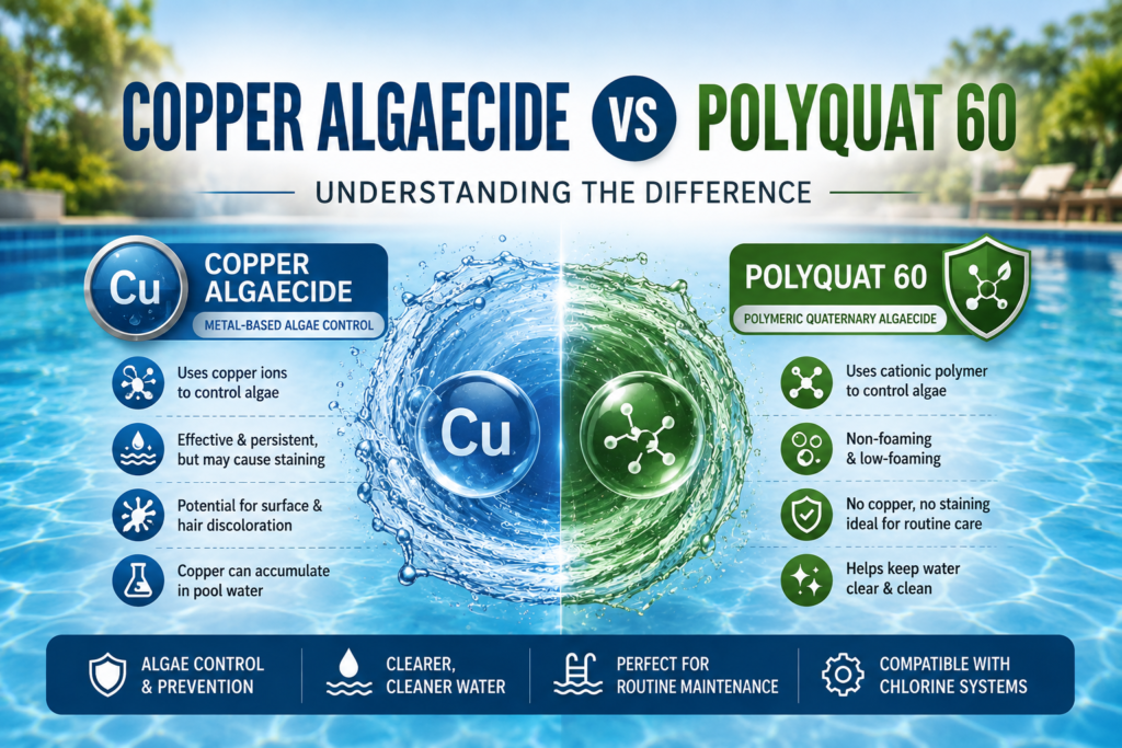 Copper Algaecide vs Polyquat 60 comparison showing blue copper-based algae control and polymeric Polyquat 60 for non-foaming, copper-free pool maintenance.