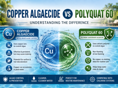 Copper Algaecide vs Polyquat 60 comparison showing blue copper-based algae control and polymeric Polyquat 60 for non-foaming, copper-free pool maintenance.