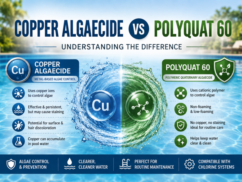 Copper Algaecide vs Polyquat 60 comparison showing blue copper-based algae control and polymeric Polyquat 60 for non-foaming, copper-free pool maintenance.