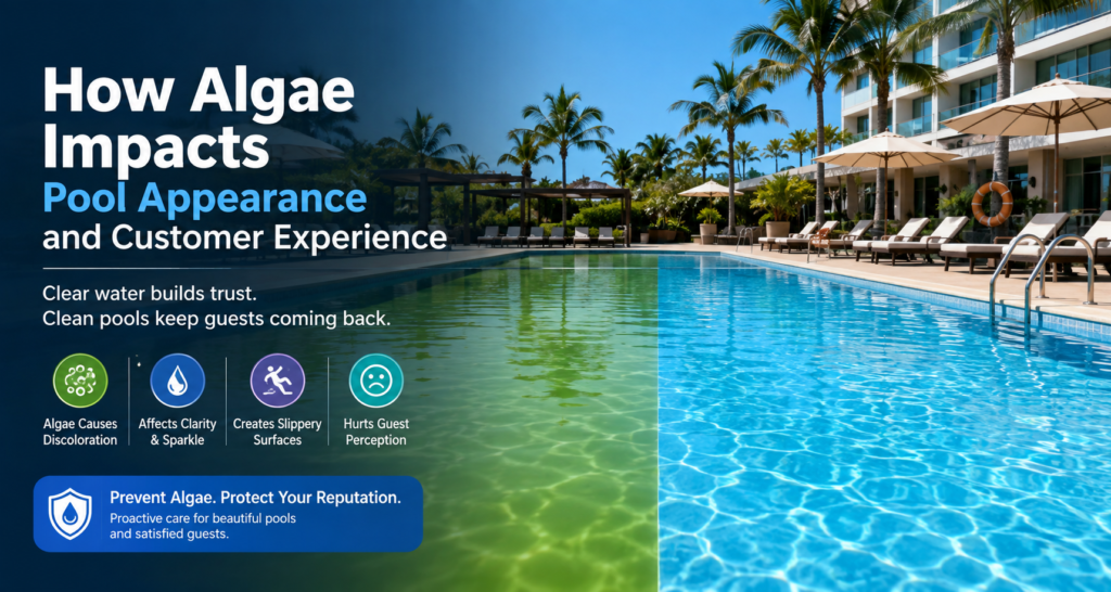 Hotel swimming pool showing a visual comparison between green algae-affected water and clear blue water, illustrating how algae impacts pool appearance, water clarity, and guest experience.