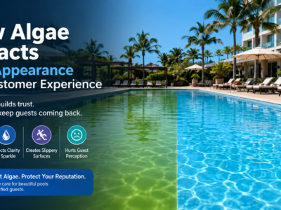 Hotel swimming pool showing a visual comparison between green algae-affected water and clear blue water, illustrating how algae impacts pool appearance, water clarity, and guest experience.
