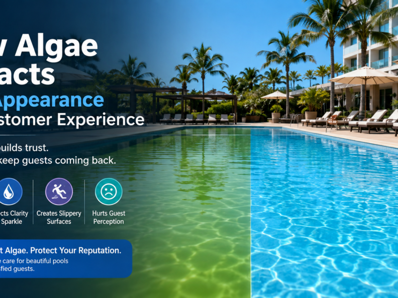 Hotel swimming pool showing a visual comparison between green algae-affected water and clear blue water, illustrating how algae impacts pool appearance, water clarity, and guest experience.