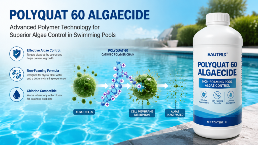 Polyquat 60 Algaecide hero banner showing advanced polymer technology for swimming pool algae control, with a clear blue swimming pool background, Eautrix Polyquat 60 Algaecide bottle, and an illustration of cationic polymer chains interacting with algae cells to disrupt cell membranes and prevent algae growth.