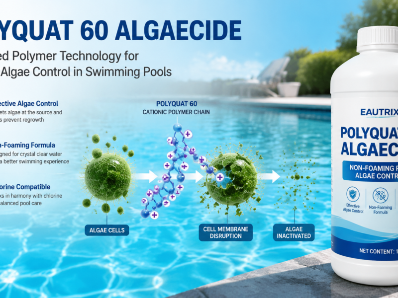 Polyquat 60 Algaecide hero banner showing advanced polymer technology for swimming pool algae control, with a clear blue swimming pool background, Eautrix Polyquat 60 Algaecide bottle, and an illustration of cationic polymer chains interacting with algae cells to disrupt cell membranes and prevent algae growth.