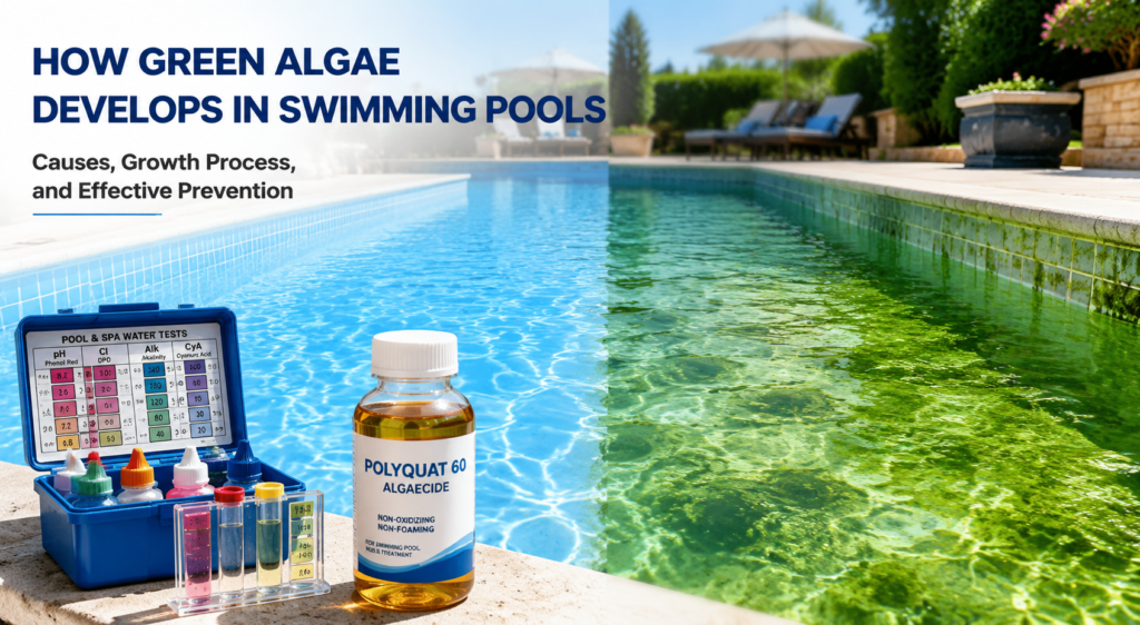How green algae develops in swimming pools with pool water treatment equipment and Polyquat 60 algaecide solution for preventing algae growth and maintaining clear pool water
