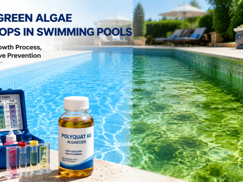 How green algae develops in swimming pools with pool water treatment equipment and Polyquat 60 algaecide solution for preventing algae growth and maintaining clear pool water