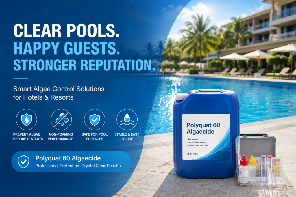 Luxury hotel resort swimming pool with Polyquat 60 Algaecide, highlighting professional non-foaming algae control for clear commercial pools