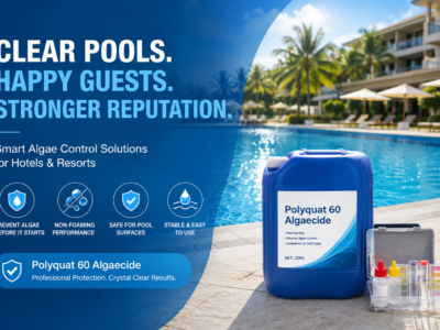 Luxury hotel resort swimming pool with Polyquat 60 Algaecide, highlighting professional non-foaming algae control for clear commercial pools
