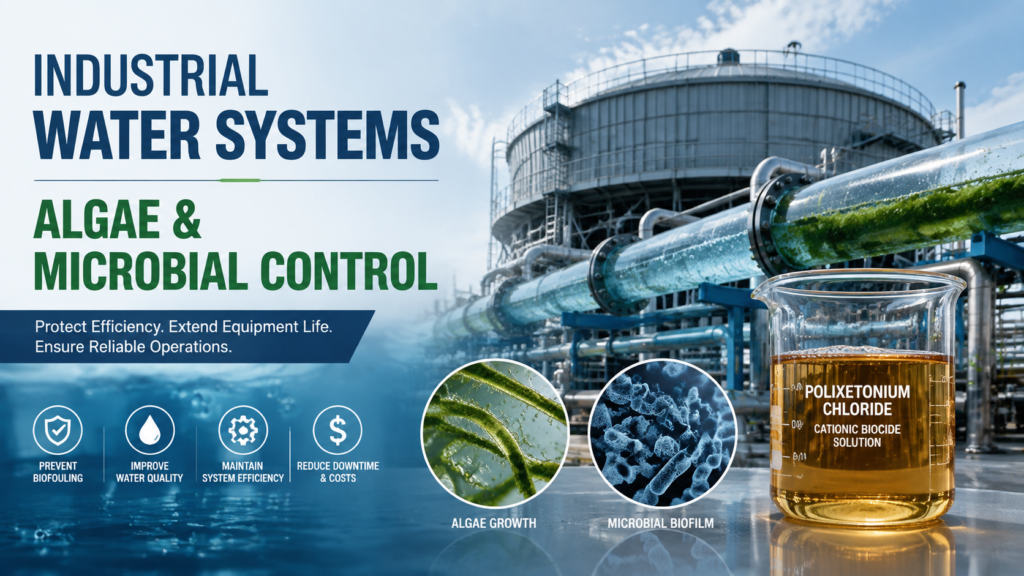ndustrial water treatment system with cooling tower, algae growth in pipelines, microbial biofilm illustration, and amber Polixetonium Chloride(CAS No.31512-74-0) biocide solution for controlling algae and microbial problems in industrial water systems.