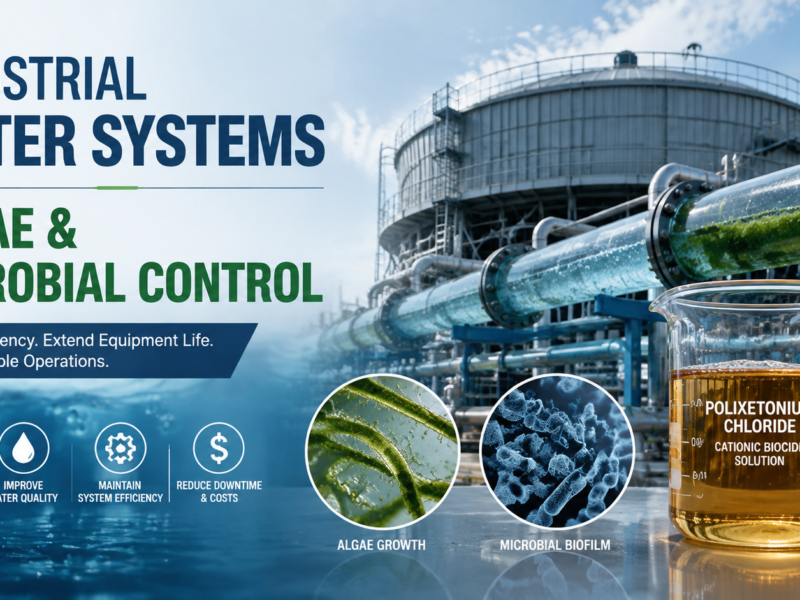 ndustrial water treatment system with cooling tower, algae growth in pipelines, microbial biofilm illustration, and amber Polixetonium Chloride(CAS No.31512-74-0) biocide solution for controlling algae and microbial problems in industrial water systems.