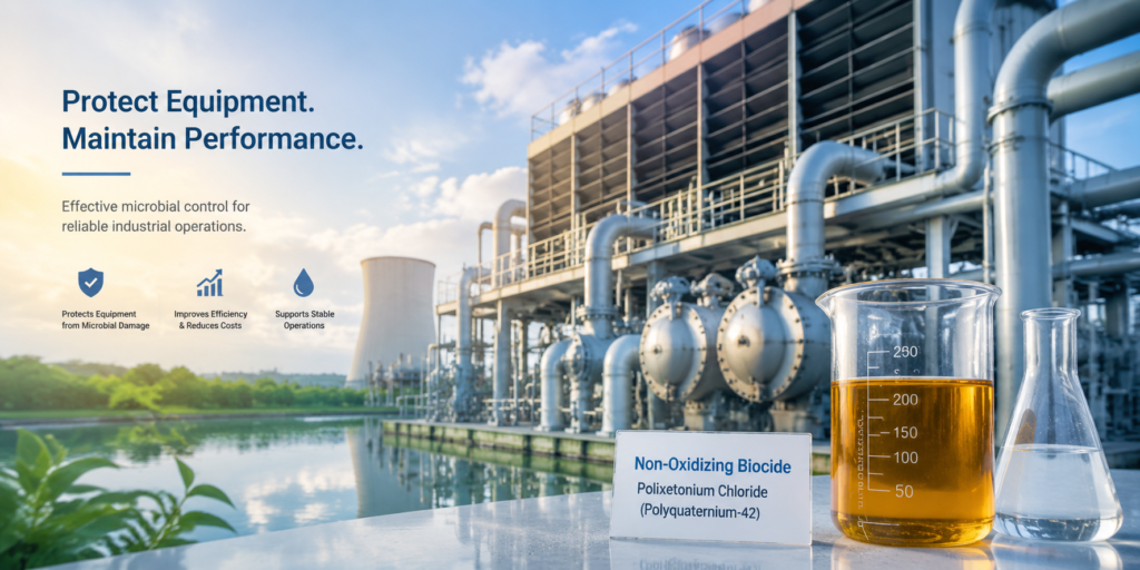 Industrial water treatment facility with cooling equipment and Polixetonium Chloride (Polyquaternium-42) solution for microbial control, highlighting protection against microbial contamination and improved industrial equipment performance.