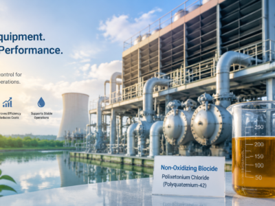 Industrial water treatment facility with cooling equipment and Polixetonium Chloride (Polyquaternium-42) solution for microbial control, highlighting protection against microbial contamination and improved industrial equipment performance.