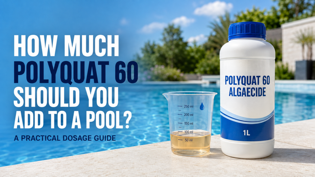 Polyquat 60 Algaecide dosage guide featuring a 1L bottle and graduated measuring cup beside a clear blue swimming pool.