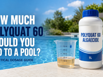 Polyquat 60 Algaecide dosage guide featuring a 1L bottle and graduated measuring cup beside a clear blue swimming pool.